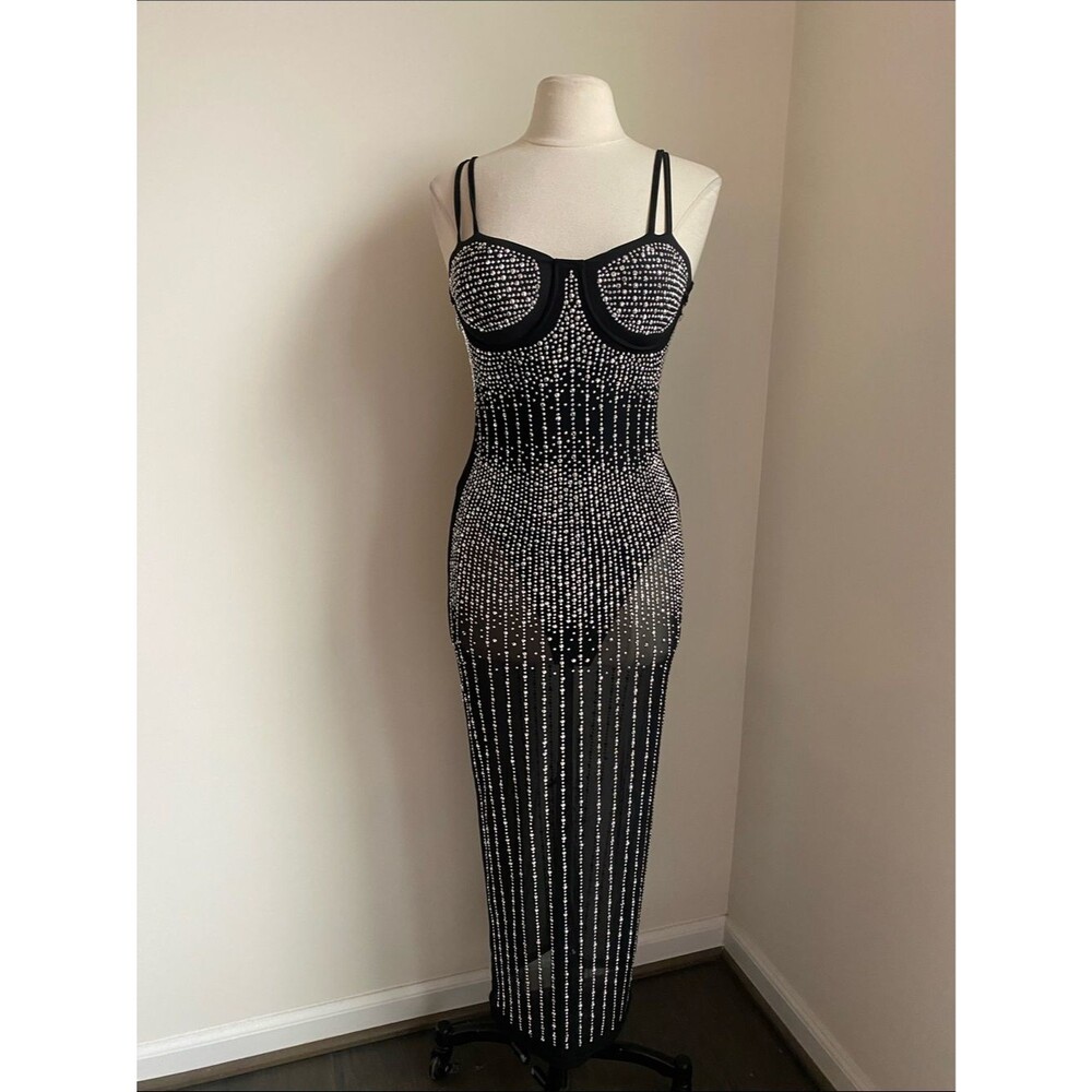Rhinestone Stretch  Black Sheer Midi Dress Built in Bodysuit Womens Sz Large